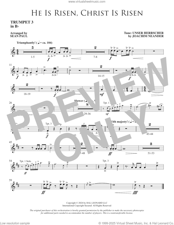 He Is Risen, Christ Is Risen (arr. Sean Paul) sheet music for orchestra/band (Bb trumpet 3) by Joachim Neander, Sean Paul and Cecil Alexander, intermediate skill level