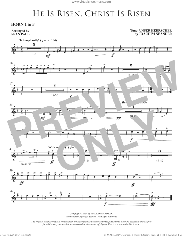 He Is Risen, Christ Is Risen (arr. Sean Paul) sheet music for orchestra/band (f horn 1) by Joachim Neander, Sean Paul and Cecil Alexander, intermediate skill level