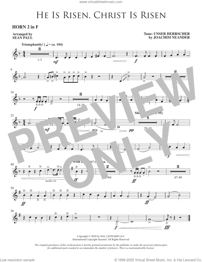 He Is Risen, Christ Is Risen (arr. Sean Paul) sheet music for orchestra/band (f horn 2) by Joachim Neander, Sean Paul and Cecil Alexander, intermediate skill level