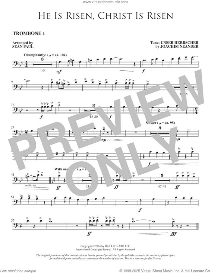 He Is Risen, Christ Is Risen (arr. Sean Paul) sheet music for orchestra/band (trombone 1) by Joachim Neander, Sean Paul and Cecil Alexander, intermediate skill level