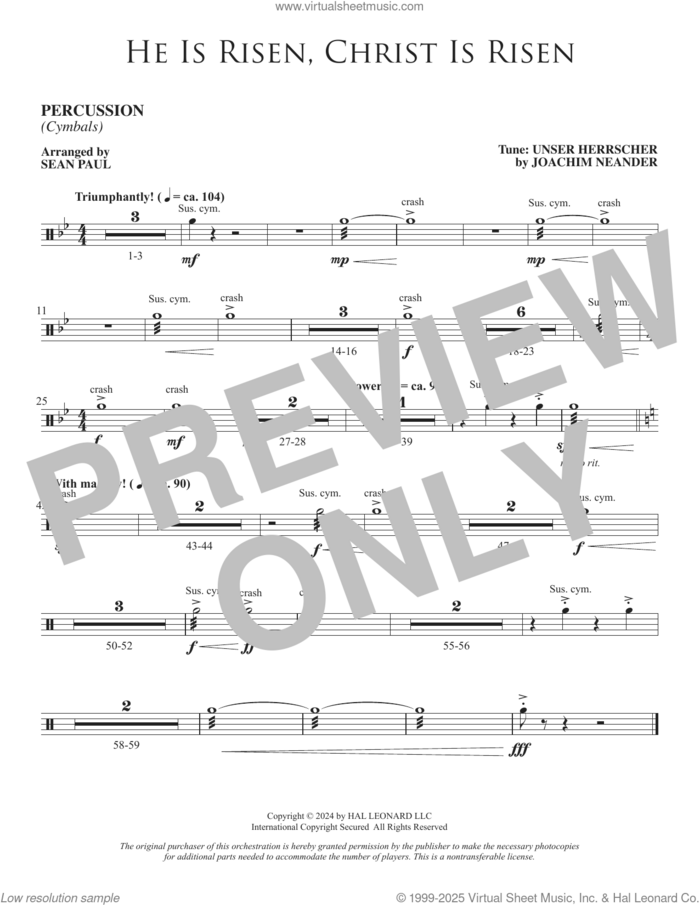 He Is Risen, Christ Is Risen (arr. Sean Paul) sheet music for orchestra/band (percussion) by Joachim Neander, Sean Paul and Cecil Alexander, intermediate skill level