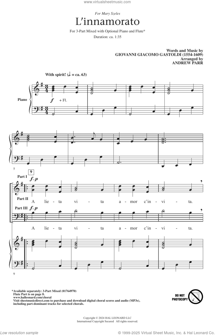 L'innamorato sheet music for choir (3-Part Mixed) by Giovanni Giacomo Gastoldi and Andrew Parr, intermediate skill level