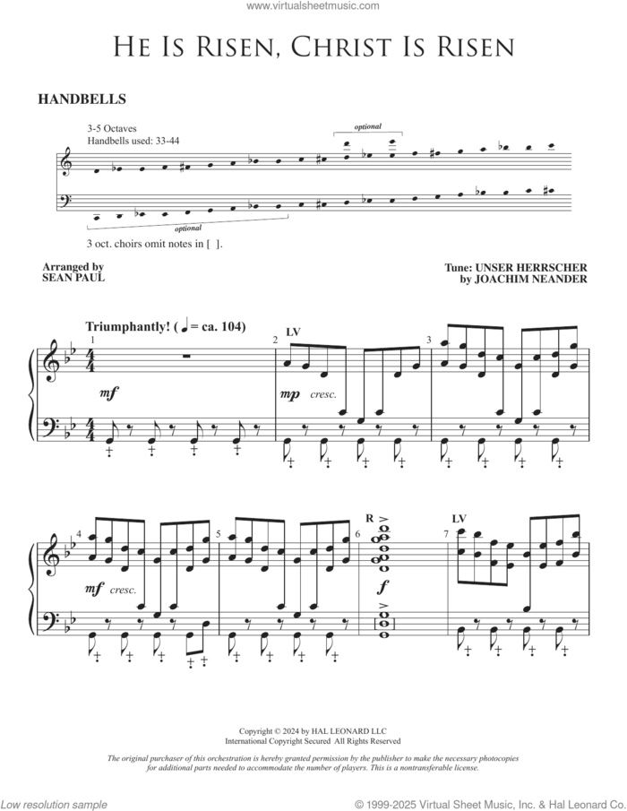 He Is Risen, Christ Is Risen (arr. Sean Paul) sheet music for orchestra/band (handbells) by Joachim Neander, Sean Paul and Cecil Alexander, intermediate skill level