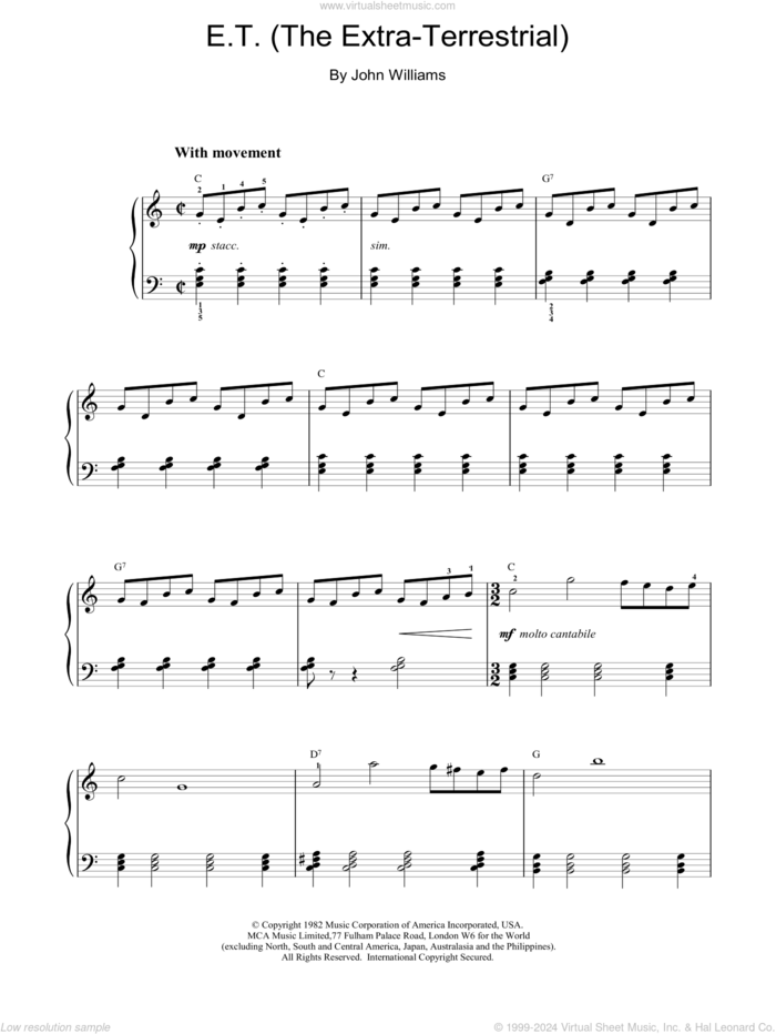 E.T. The Extra-Terrestrial sheet music for piano solo by John Williams, intermediate skill level