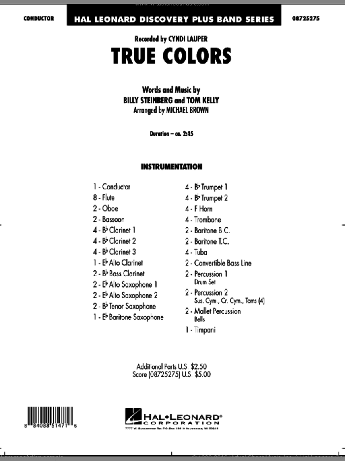 True Colors (COMPLETE) sheet music for concert band by Billy Steinberg, Tom Kelly, Cyndi Lauper and Michael Brown, intermediate skill level