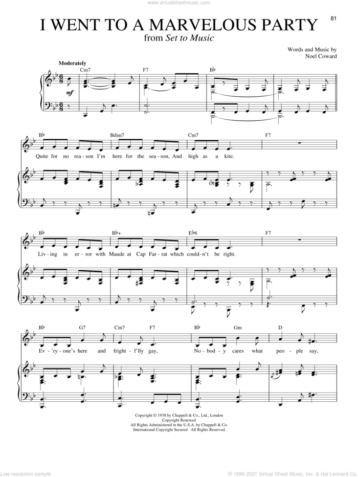 I Went To A Marvelous Party sheet music for voice and piano by Noel Coward, intermediate skill level