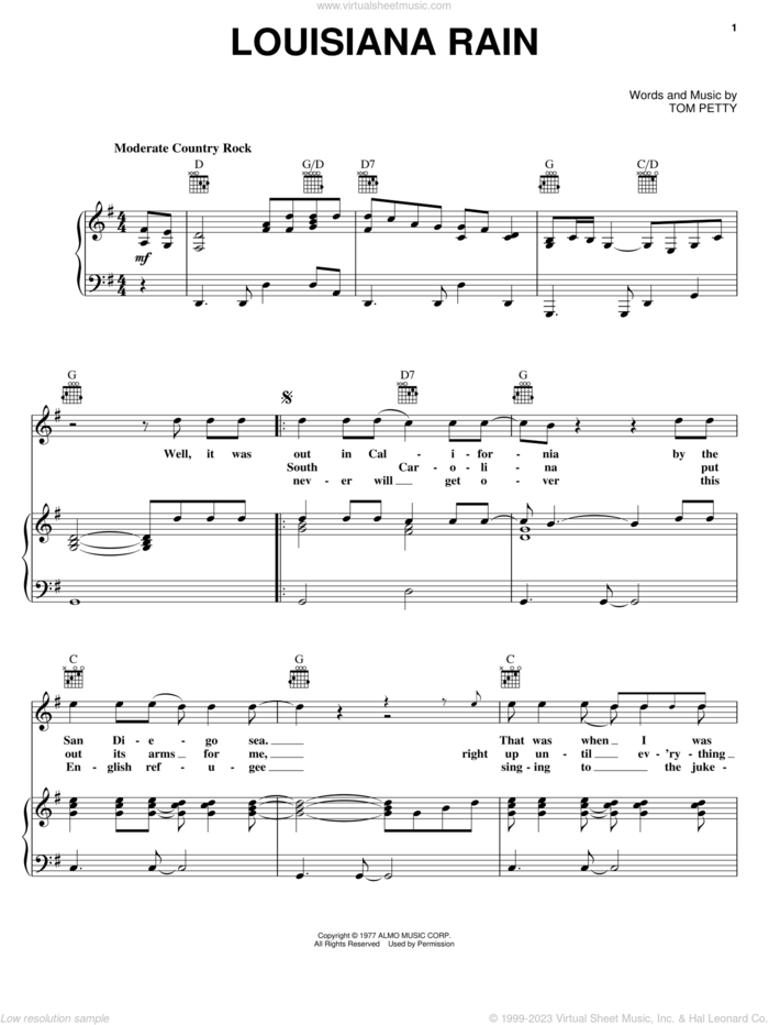 Louisiana Rain sheet music for voice, piano or guitar by Tom Petty And The Heartbreakers and Tom Petty, intermediate skill level
