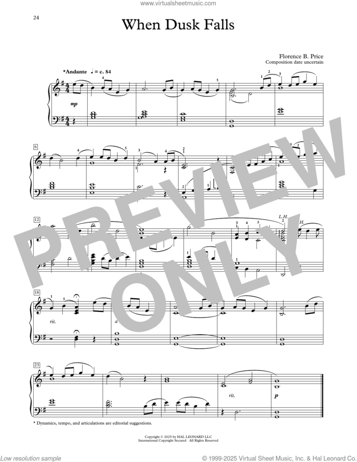 When Dusk Falls sheet music for piano solo (elementary) by Florence Price and Michael Clark, classical score, beginner piano (elementary)