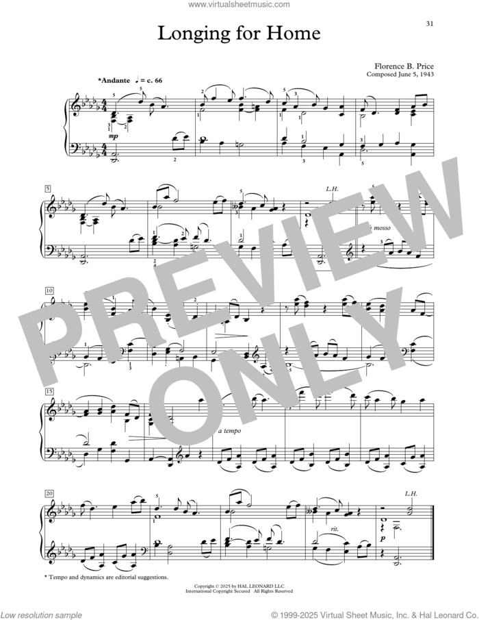 Longing For Home sheet music for piano solo (elementary) by Florence Price and Michael Clark, classical score, beginner piano (elementary)