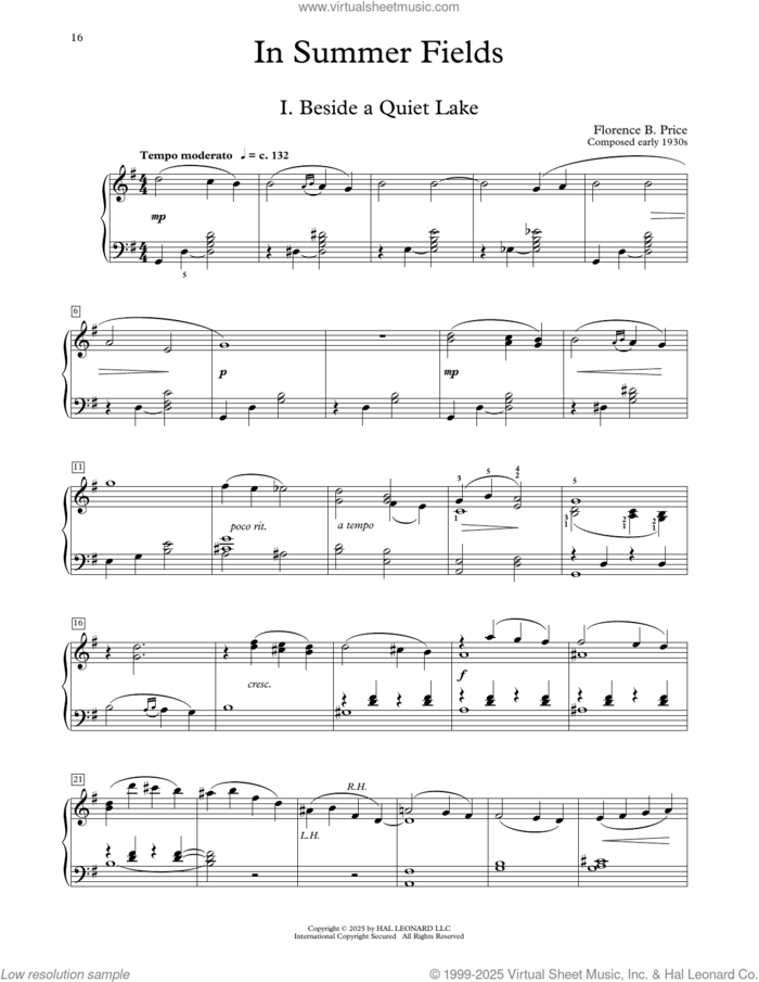 In Summer Fields sheet music for piano solo (elementary) by Florence Price and Michael Clark, classical score, beginner piano (elementary)