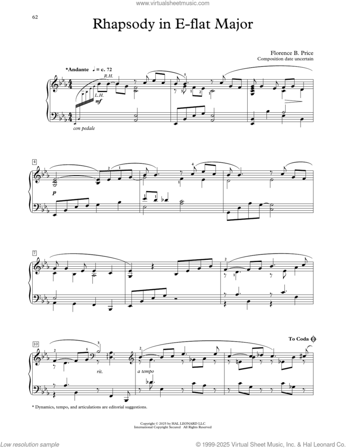 Rhapsody In E-Flat Major sheet music for piano solo (elementary) by Florence Price and Michael Clark, classical score, beginner piano (elementary)