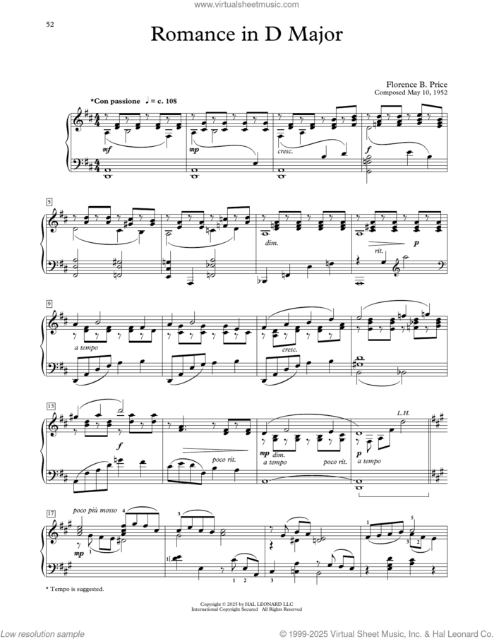 Romance In D Major sheet music for piano solo (elementary) by Florence Price and Michael Clark, classical score, beginner piano (elementary)