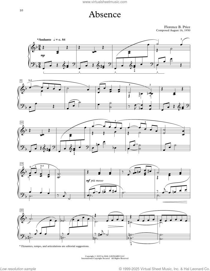 Absence sheet music for piano solo (elementary) by Florence Price and Michael Clark, classical score, beginner piano (elementary)