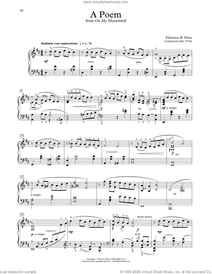 A Poem sheet music for piano solo (elementary) by Florence Price and Michael Clark, classical score, beginner piano (elementary)