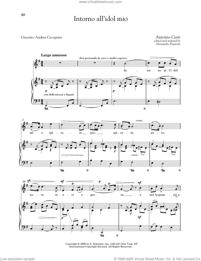 Intorno All'idol Mio (Medium High Voice) sheet music for voice and piano (Medium High Voice) by Antonio Cesti, Alessandro Parisotti (ed.) and Giacinto Andrea Cicognini, classical score, intermediate skill level