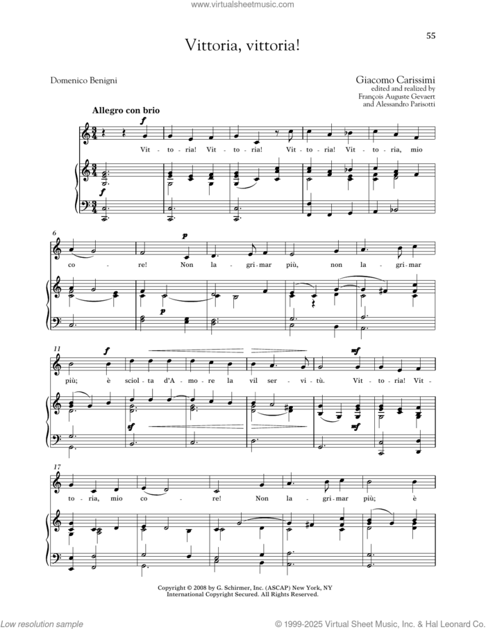 Vittoria, Vittoria! (Medium High Voice) sheet music for voice and piano (Medium High Voice) by Giocomo Carissimi, Alessandro Parisotti (ed.), Francois Auguste Gevaert (ed.) and Domenico Benigni, classical score, intermediate skill level