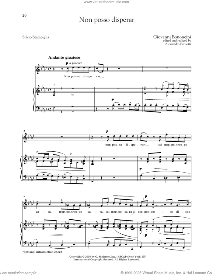 Non Posso Disperar (Medium High Voice) sheet music for voice and piano (Medium High Voice) by Giovanni Bononcini, Alessandro Parisotti (ed.) and Silvio Stampiglia, classical score, intermediate skill level