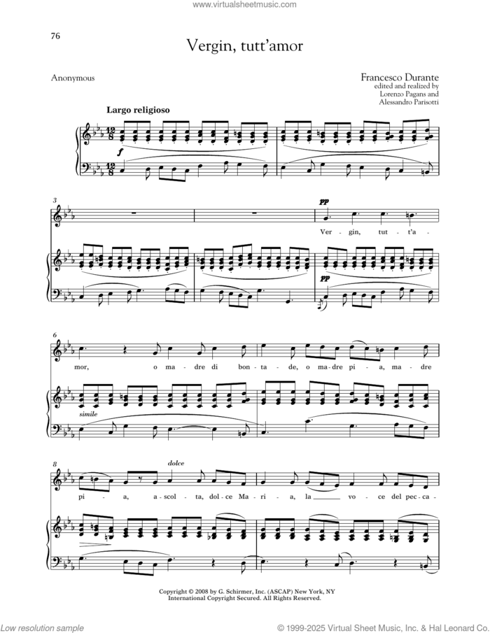 Vergin, Tutt'amor (Medium High Voice) sheet music for voice and piano (Medium High Voice) by Francesco Durante, Alessandro Parisotti (ed.), Lorenzo Pagans (ed.) and Anonymous, classical score, intermediate skill level