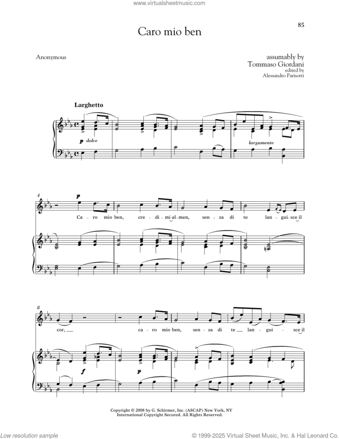 Caro Mio Ben (Medium High Voice) sheet music for voice and piano (Medium High Voice) by Tommaso Giordani, Alessandro Parisotti (ed.) and Anonymous, classical score, intermediate skill level