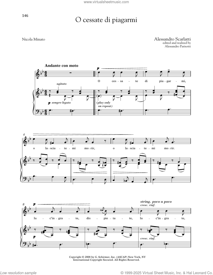 O Cessate Di Piagarmi (Medium High Voice) sheet music for voice and piano (Medium High Voice) by Alessandro Scarlatti, Alessandro Parisotti (ed.) and Nicola Minato, classical score, intermediate skill level