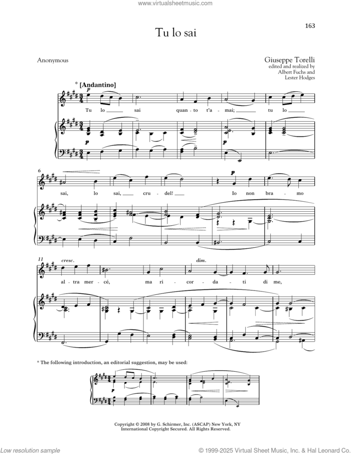 Tu Lo Sai (Medium High Voice) sheet music for voice and piano (Medium High Voice) by Giuseppe Torelli, Albert Fuchs (ed.), Lester Hodges (ed.) and Anonymous, classical score, intermediate skill level