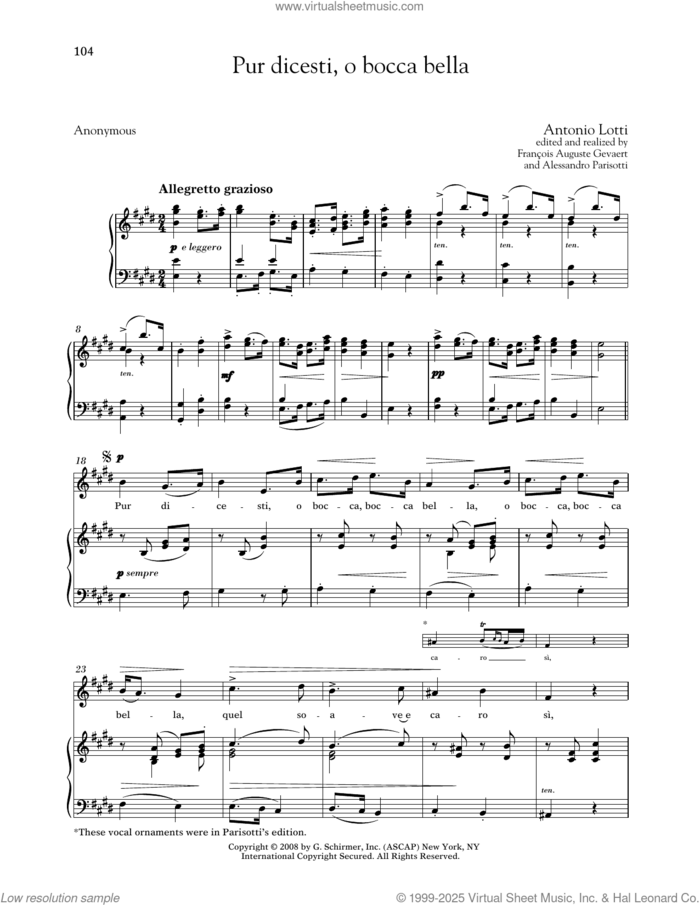 Pur Dicesti, O Bocca Bella (Medium High Voice) sheet music for voice and piano (Medium High Voice) by Antonio Lotti, Alessandro Parisotti (ed.), Francois Auguste Gevaert (ed.) and Anonymous, classical score, intermediate skill level