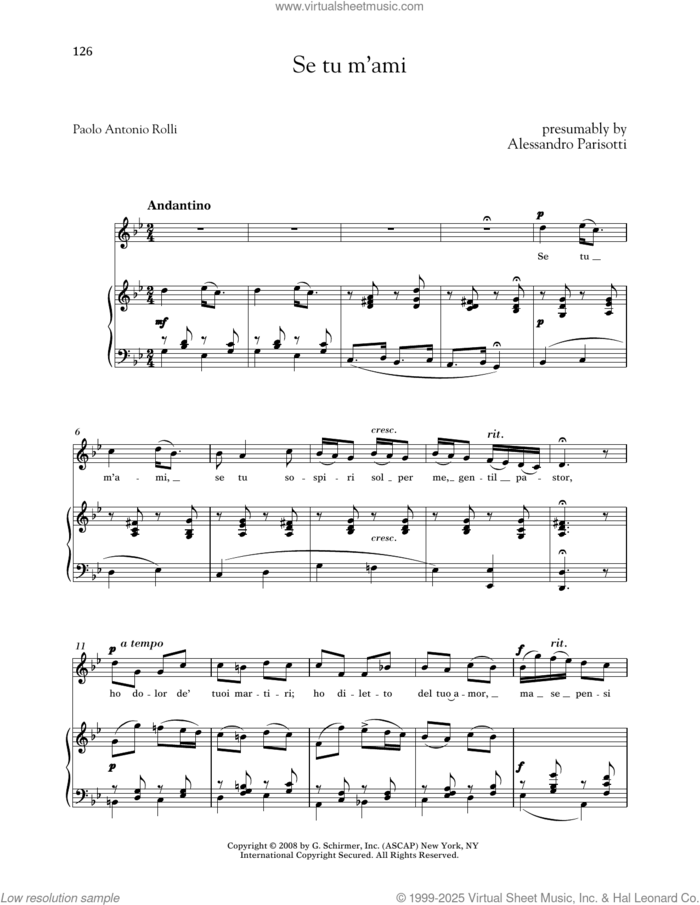 Se Tu M'ami (Medium High Voice) sheet music for voice and piano (Medium High Voice) by Alessandro Parisotti and Paolo Antonio Rolli, classical score, intermediate skill level