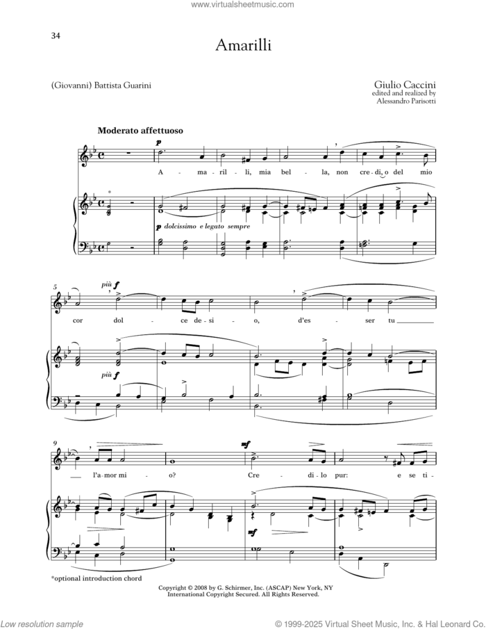 Amarilli (Medium High Voice) sheet music for voice and piano (Medium High Voice) by Giulio Caccini, Alessandro Parisotti (ed.) and (Giovanni) Battista Guarini, classical score, intermediate skill level