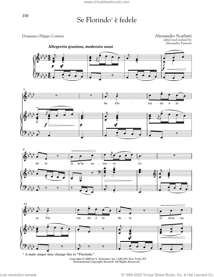 Se Florindo e Fedele (Medium High Voice) sheet music for voice and piano (Medium High Voice) by Alessandro Scarlatti, Alessandro Parisotti (ed.) and Domenico Filippo Contini, classical score, intermediate skill level