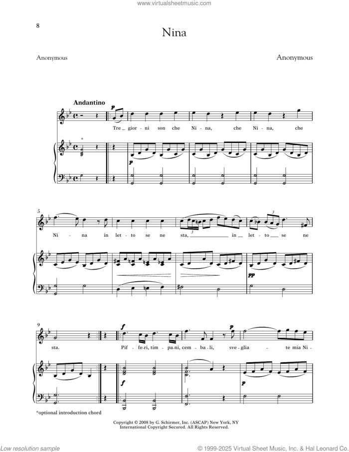 Nina (Medium High Voice) sheet music for voice and piano (Medium High Voice) by Anonymous, classical score, intermediate skill level