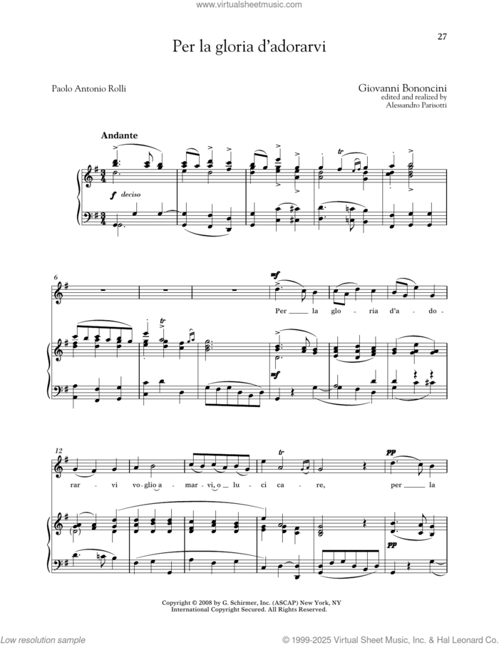 Per La Gloria D'adorarvi (Medium High Voice) sheet music for voice and piano (Medium High Voice) by Giovanni Bononcini, Alessandro Parisotti (ed.) and Paolo Antonio Rolli, classical score, intermediate skill level