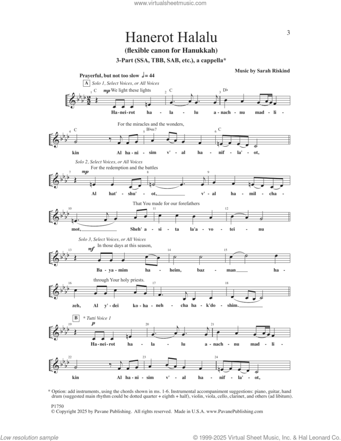 Hanerot Halalu sheet music for choir (SSA: soprano, alto) by Sarah Riskind, intermediate skill level