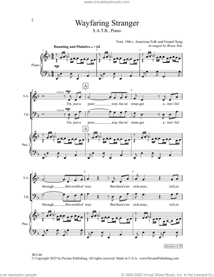 Wayfaring Stranger (arr. Brian Tate) sheet music for choir (SATB: soprano, alto, tenor, bass) by Traditional American Folk Song and Brian Tate, intermediate skill level