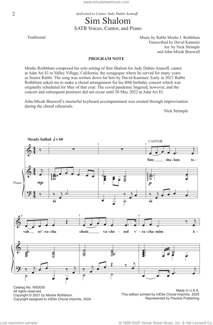 Sim Shalom (arr. Nick Strimple and John-Micah Braswell) sheet music for choir (SATB: soprano, alto, tenor, bass) by Rabbi Moshe J. Rothblum, John-Micah Braswell, Nick Strimple and David Kamenir, intermediate skill level