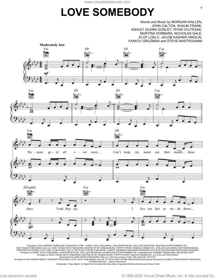 Love Somebody sheet music for voice, piano or guitar by Morgan Wallen, Ashley Glenn Gorley, Elof Loelv, Jacob Kasher Hindlin, John Calton, Martina Sorbara, Nicholas Gale, Ryan Vojtesak, Shaun Frank, Steve Mastroianni and Yaakov Gruzman, intermediate skill level