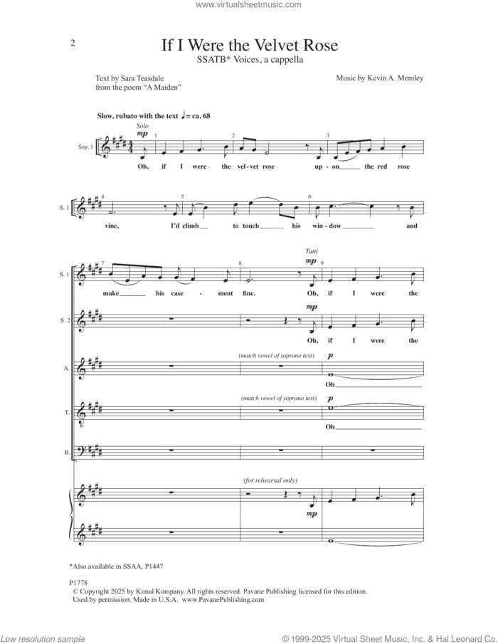 If I Were the Velvet Rose sheet music for choir (SATB Divisi) by Kevin A. Memley and Sara Teasdale, intermediate skill level