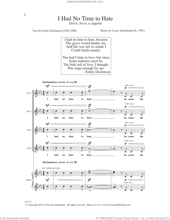 I Had No Time To Hate sheet music for choir (SSAA: soprano, alto) by Corey Santelmann and Emily Dickinson, intermediate skill level