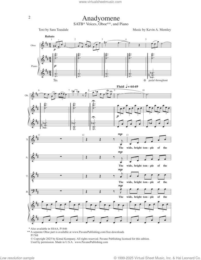 Anadyomene sheet music for choir (SATB Divisi) by Kevin A. Memley and Sara Teasdale, intermediate skill level