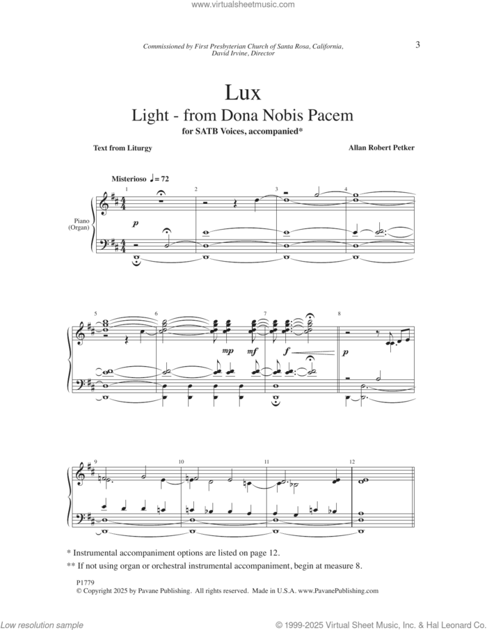 Lux (from Dona Nobis Pacem) sheet music for choir (SATB: soprano, alto, tenor, bass) by Allan Robert Petker, intermediate skill level