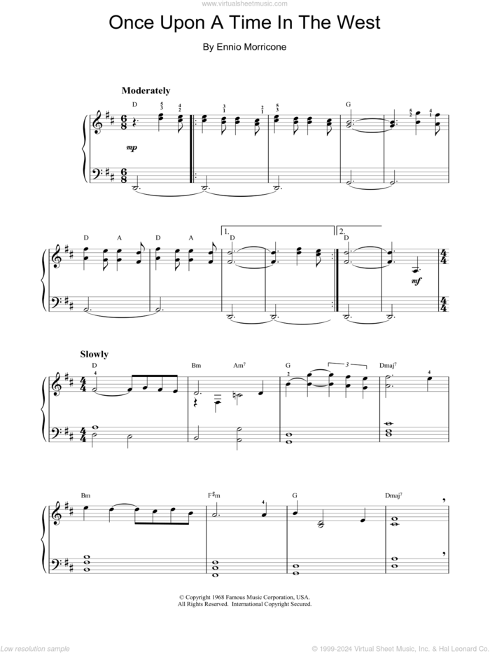 Once Upon A Time In The West (Theme) (Abridged) sheet music for piano solo by Ennio Morricone, intermediate skill level