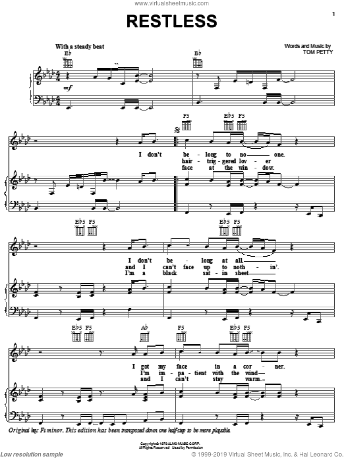 Restless sheet music for voice, piano or guitar by Tom Petty And The Heartbreakers and Tom Petty, intermediate skill level