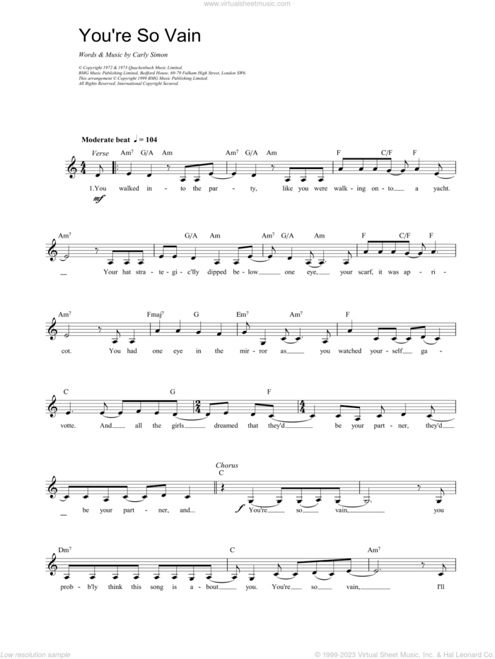 You're So Vain sheet music for voice and other instruments (fake book) by Carly Simon and Faster Pussycat, intermediate skill level