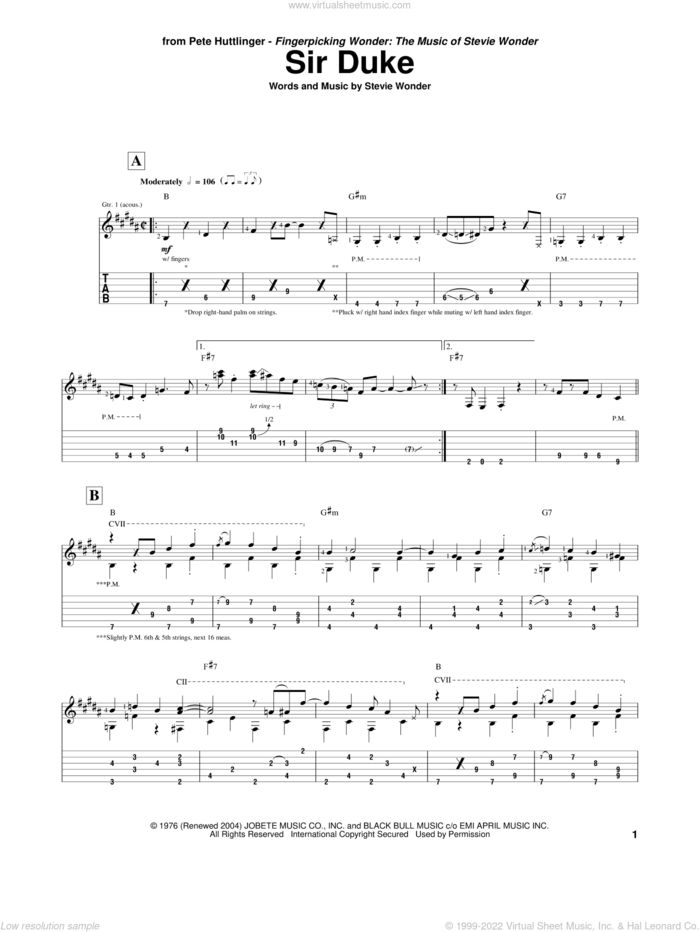Sir Duke sheet music for guitar (tablature) by Pete Huttlinger and Stevie Wonder, intermediate skill level