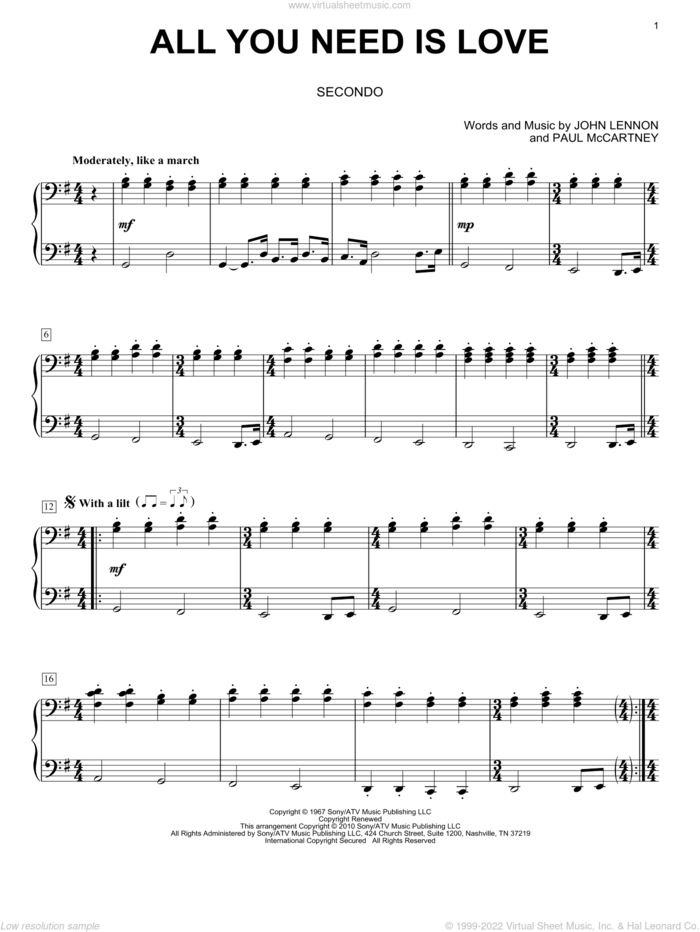 All You Need Is Love sheet music for piano four hands by The Beatles, John Lennon and Paul McCartney, wedding score, intermediate skill level