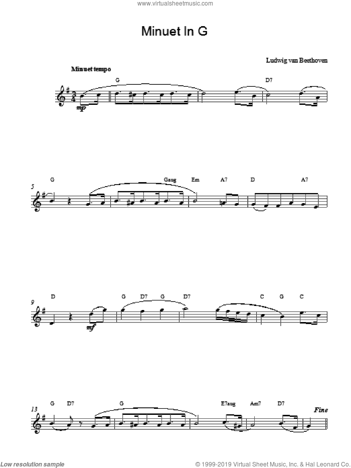 Minuet In G sheet music for voice and other instruments (fake book) by Ludwig van Beethoven, classical score, intermediate skill level