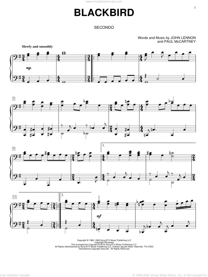 Blackbird sheet music for piano four hands by The Beatles, John Lennon and Paul McCartney, intermediate skill level