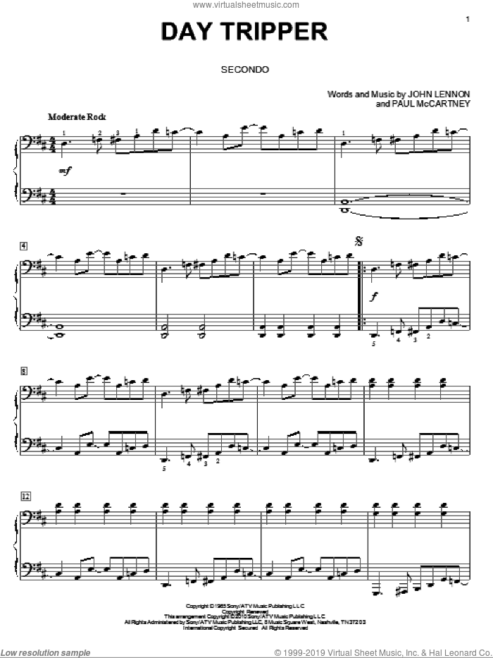Day Tripper sheet music for piano four hands by The Beatles, John Lennon and Paul McCartney, intermediate skill level