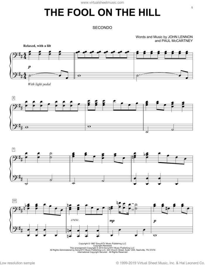 The Fool On The Hill sheet music for piano four hands by The Beatles, John Lennon and Paul McCartney, intermediate skill level