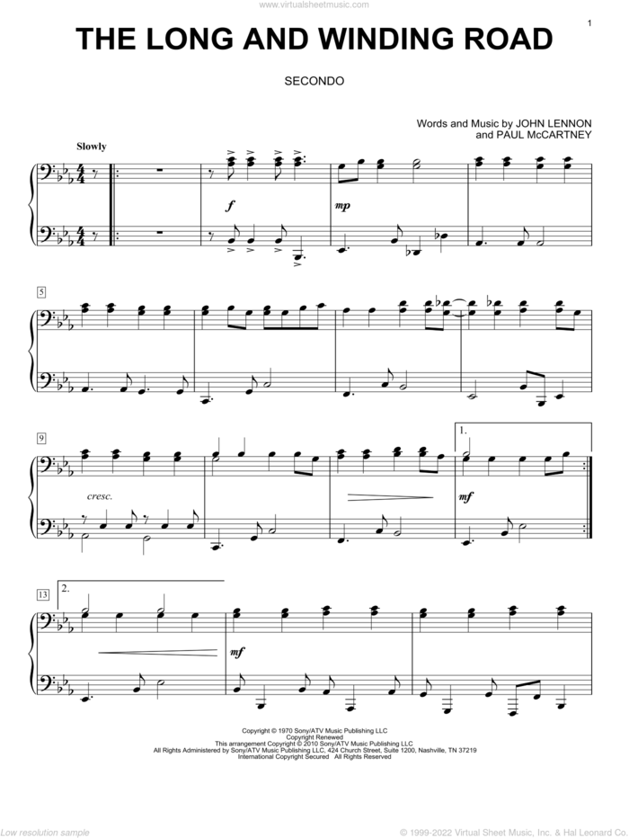 The Long And Winding Road sheet music for piano four hands by The Beatles, John Lennon and Paul McCartney, intermediate skill level