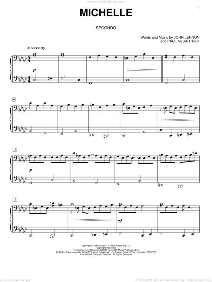 Michelle sheet music for piano four hands by The Beatles, John Lennon and Paul McCartney, intermediate skill level